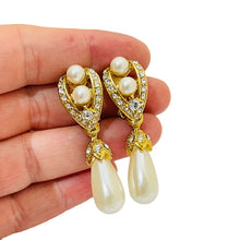 Load image into Gallery viewer, Vintage gold rhinestone pearl dangle clip on designer runway earrings
