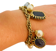 Load image into Gallery viewer, Vintage gold chain glass pearl charm designer runway bracelet
