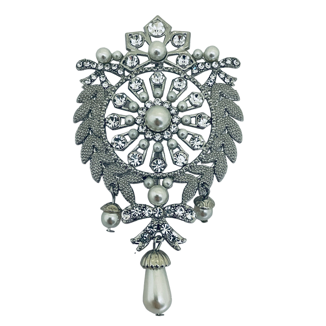 Vintage silver rhinestone pearl bow designer brooch