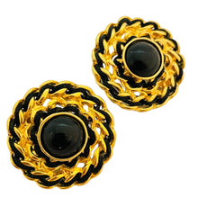 Load image into Gallery viewer, Vintage gold chain black clip on designer runway earrings
