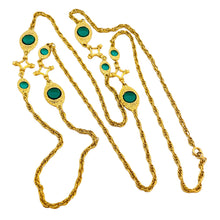 Load image into Gallery viewer, Vintage gold emerald green glass station long designer runway necklace
