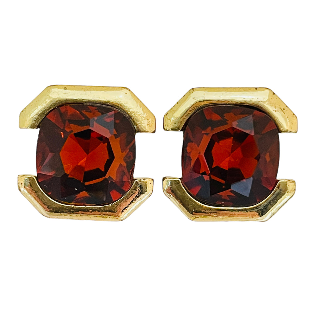 Vintage amber glass gold designer runway earrings