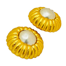 Load image into Gallery viewer, Vintage ANNE KLEIN gold pearl huge clip on designer runway earrings
