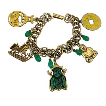 Load image into Gallery viewer, Vintage Asian gold fauc jade charm chain designer gold charm bracelet
