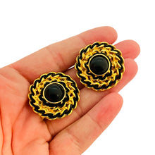 Load image into Gallery viewer, Vintage gold chain black clip on designer runway earrings
