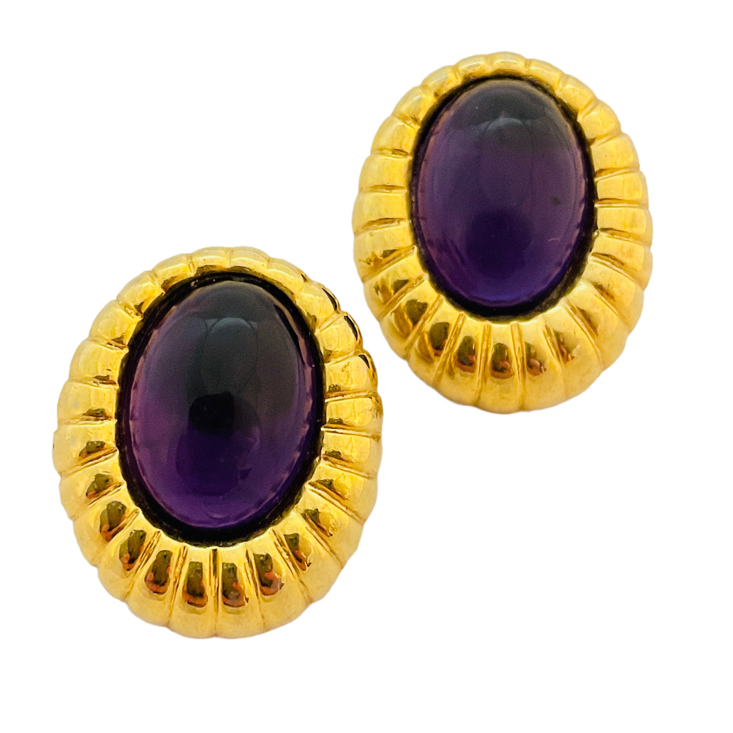 Vintage gold purple cabs pierced designer runway earrings