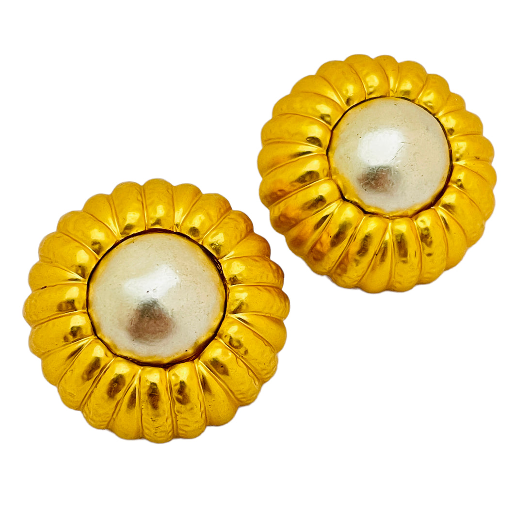 Vintage ANNE KLEIN gold pearl huge clip on designer runway earrings