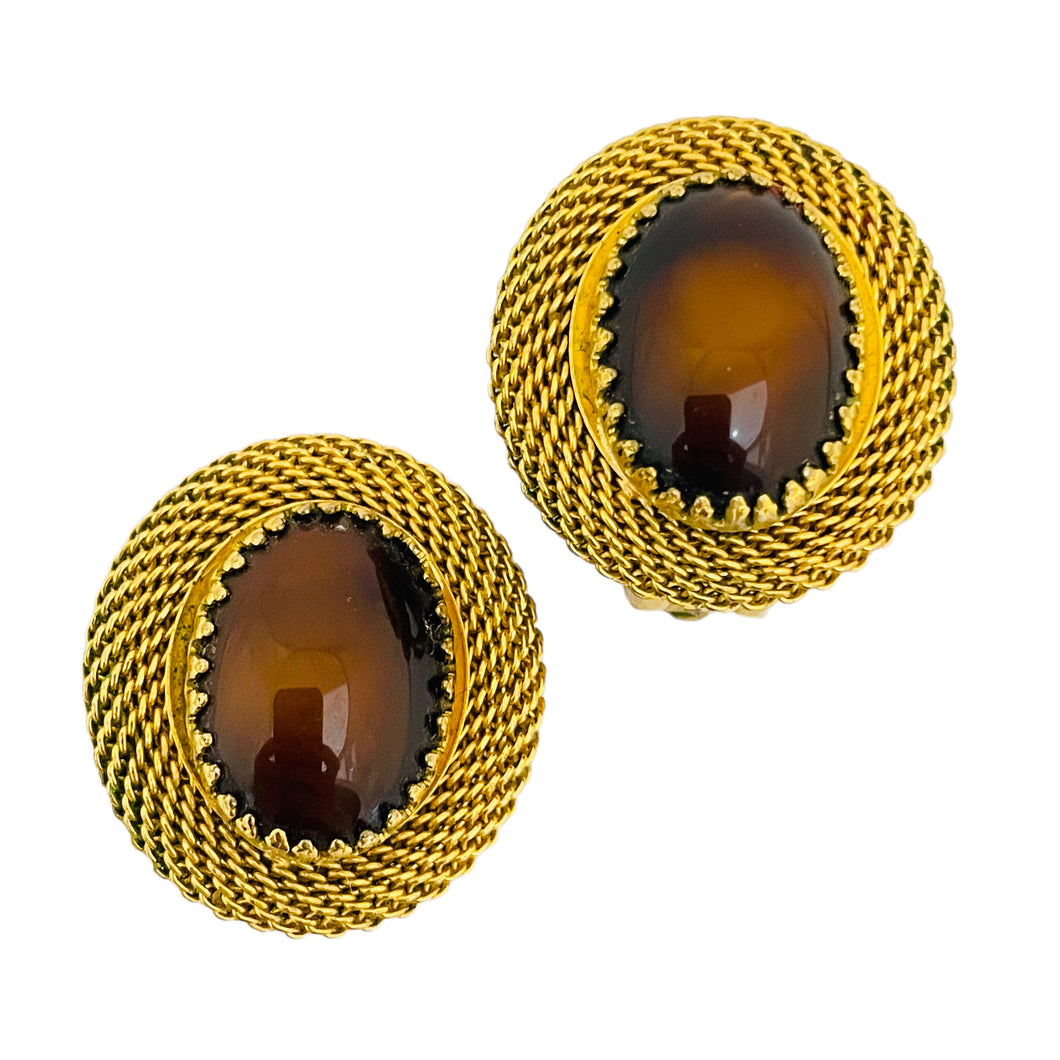 Vintage mesh gold amber glass designer runway clip on earrings