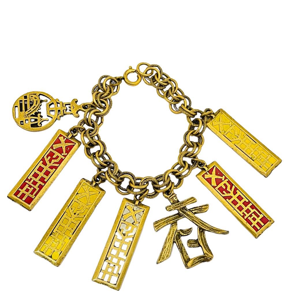 Vintage Asian gold enamel charm chain designer gold charm bracelet