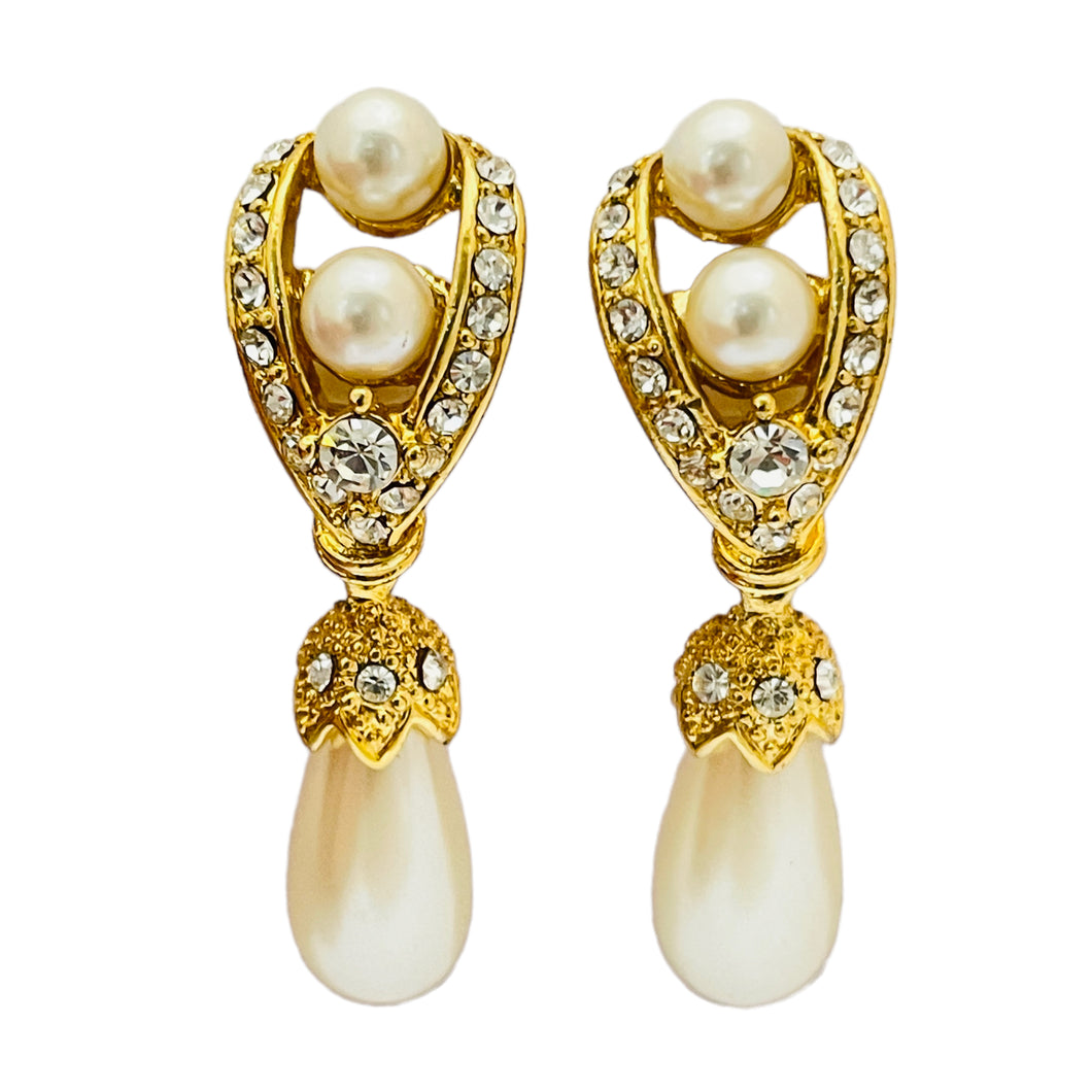 Vintage gold rhinestone pearl dangle clip on designer runway earrings